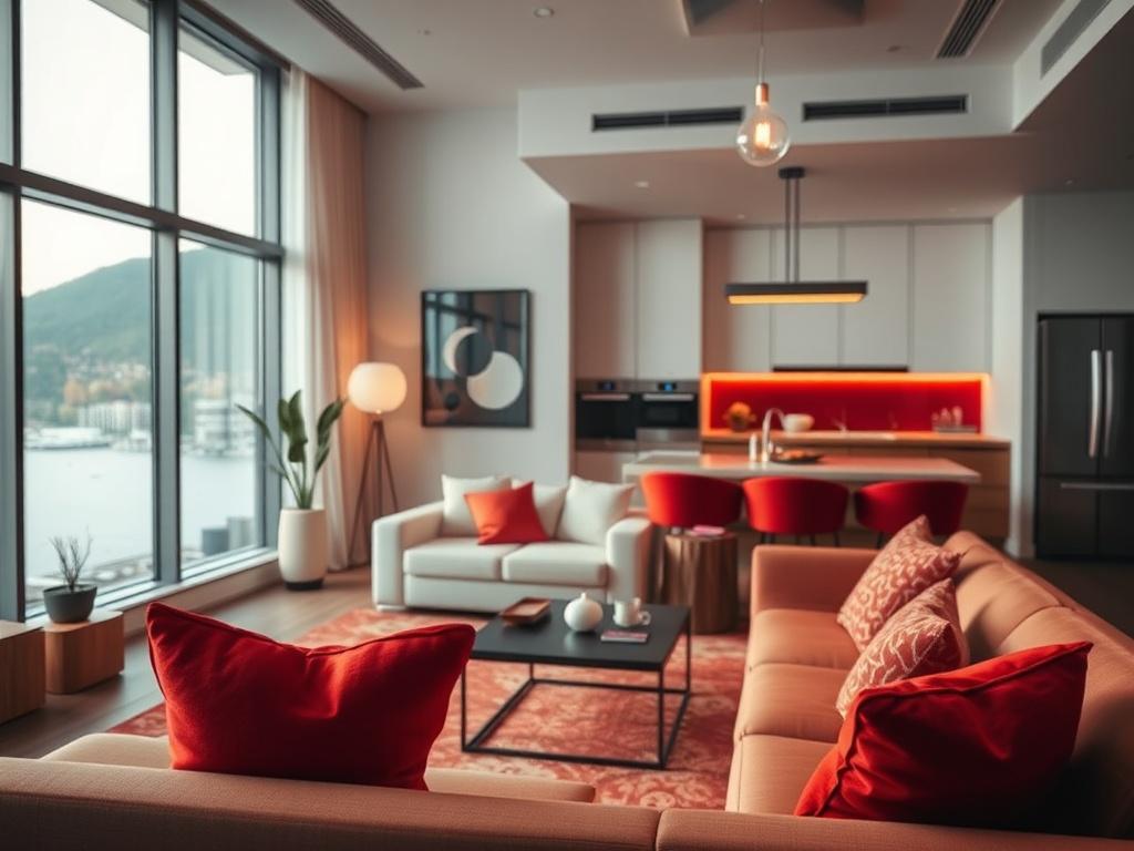 A luxurious, fully furnished corporate apartment featuring modern decor and a cozy atmosphere. The setting includes a stylish living room with a large window showcasing a scenic view. A well-equipped kitchen is in the background, and soft lighting creates a warm ambiance. The color scheme emphasizes shades of red and white to match the brand's theme.
