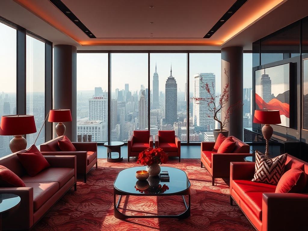 An upscale corporate residence with contemporary design elements, featuring elegant furniture and art pieces. Natural light fills the space through large windows overlooking a vibrant cityscape. The color palette includes rich reds to align with the brand's aesthetic, creating a sophisticated atmosphere.