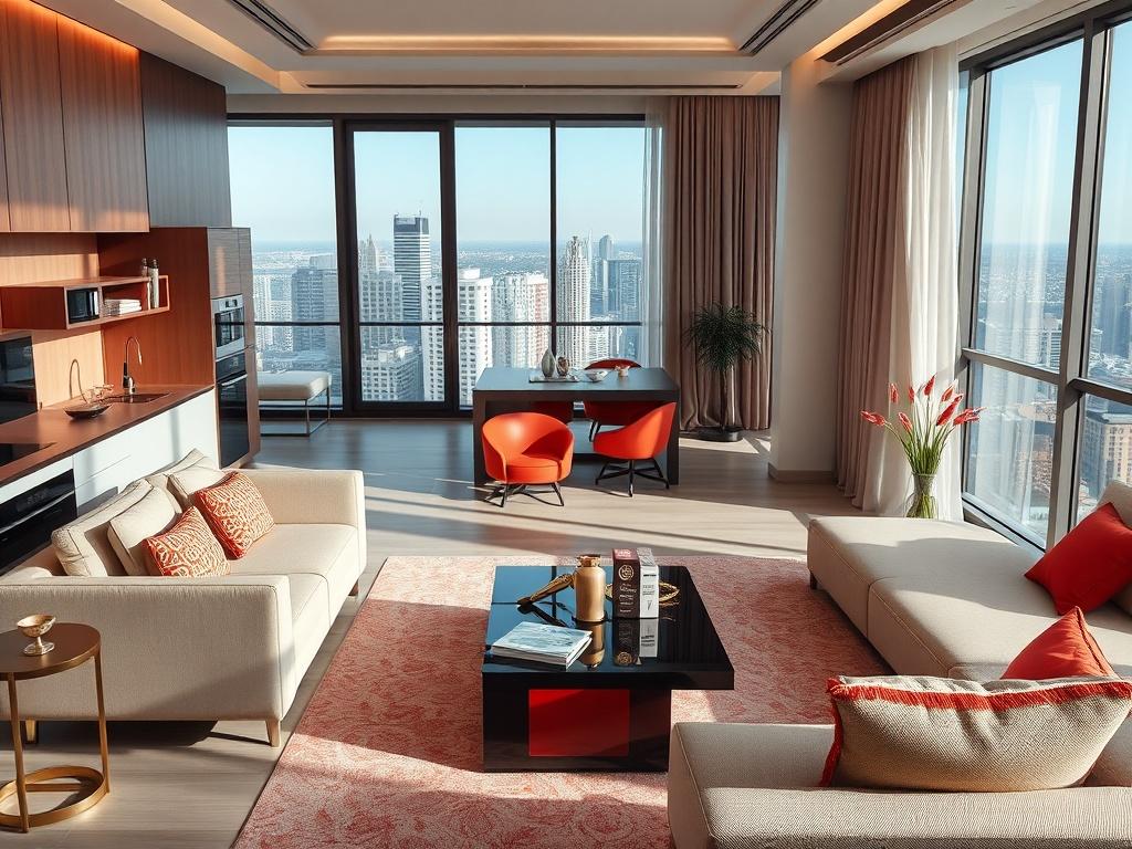 A modern corporate apartment showcasing high-end furnishings, an open layout, and a stunning view from a balcony. The living area is bright and airy, with elegant decor. The kitchen is equipped with premium appliances, and the overall theme incorporates warm red tones, reflecting the brand's identity.