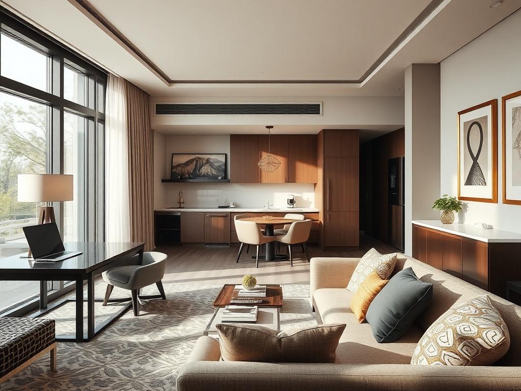 A luxurious executive suite featuring modern furnishings, a cozy atmosphere, and a fully equipped kitchen. The suite should have natural light streaming in through large windows. The composition should focus on a well-decorated living space with a stylish sofa, a desk with a laptop, and tasteful artwork on the walls. The background should be softly blurred to emphasize the suite's details.