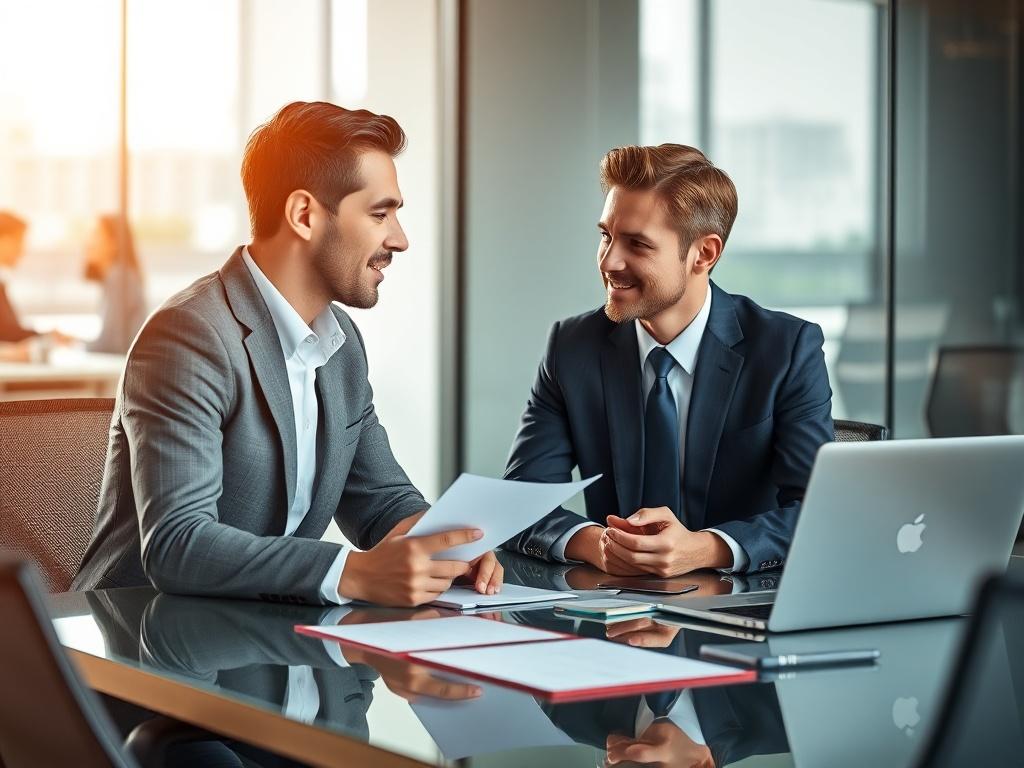 Two professionals in a business meeting, discussing partnership opportunities. The setting should be a well-designed office space with a sleek conference table, laptops, and documents visible. The composition should focus on the interaction between the two individuals, showcasing collaboration and professionalism. The background should be softly blurred to highlight their conversation.