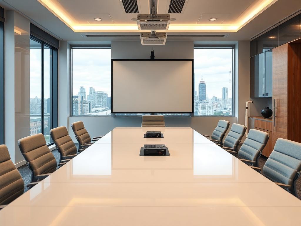 A professional meeting room showcasing a modern conference table, comfortable chairs, and a projector screen. The room should be well-lit and decorated with corporate branding elements. The background should include a window with a view of a city skyline, emphasizing a productive environment. The composition should focus on the meeting space, highlighting its suitability for corporate gatherings.