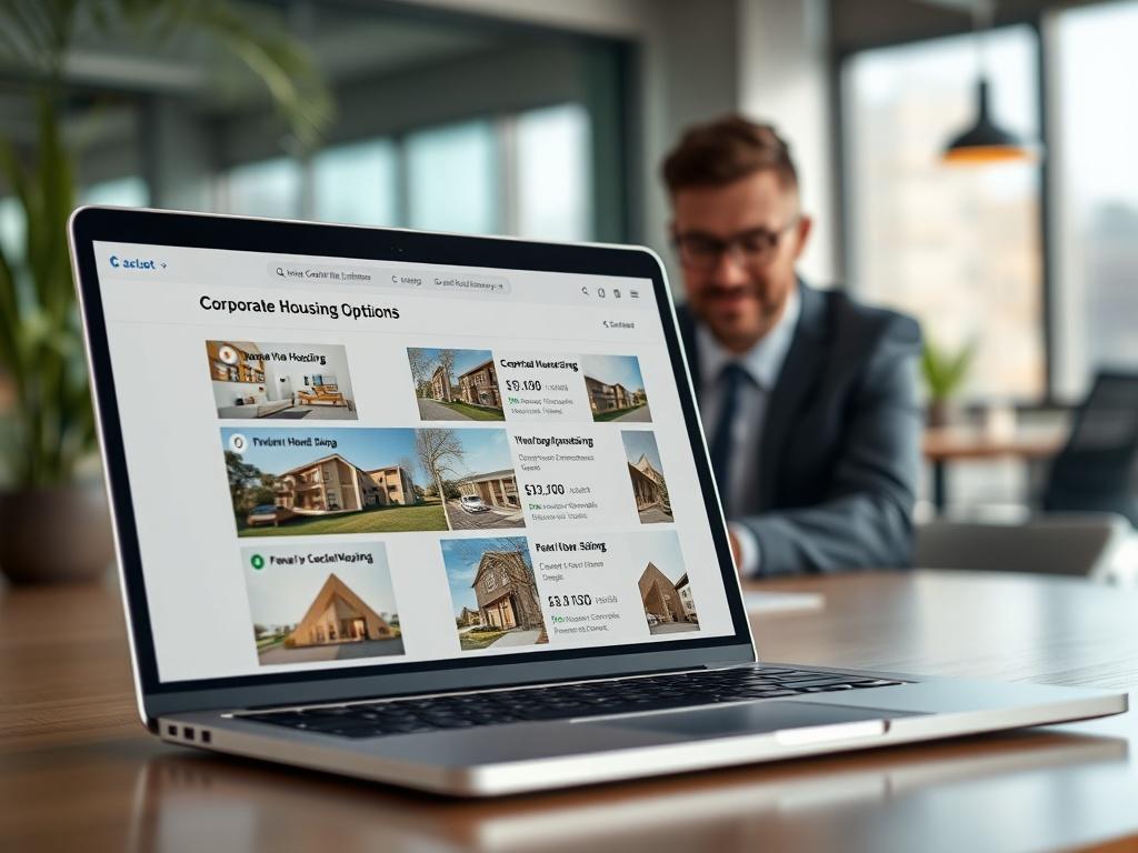 A close-up shot of a laptop screen displaying a curated list of corporate housing options. The background features a modern office environment with a professional individual reviewing the listings. Soft natural light creates a positive and focused ambiance.