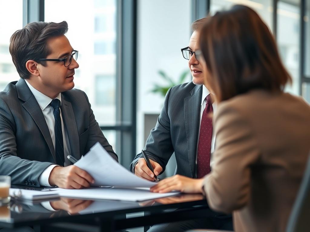 A confident American Executive Living representative negotiating a lease agreement with a landlord in a modern office. The setting is professional and focused, highlighting the importance of securing the best terms for corporate housing.