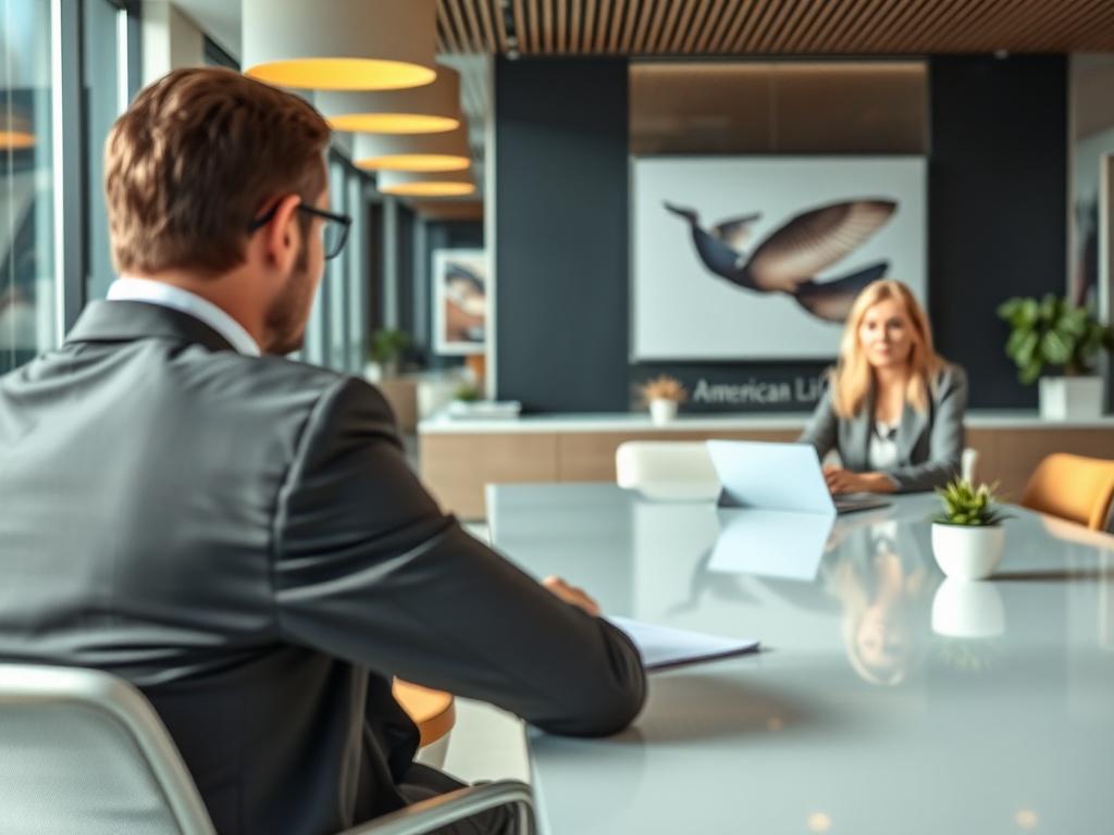 A professional setting with a business executive sitting across from an American Executive Living consultant at a modern conference table. The background displays a sleek office design with American-themed decor elements. The lighting is bright and inviting, emphasizing a warm and welcoming atmosphere.