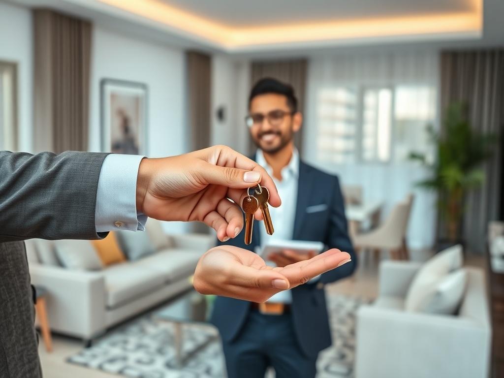A welcoming scene of a business executive receiving keys to a corporate apartment from an American Executive Living representative. The background showcases a stylish and inviting living space, symbolizing a successful move-in.