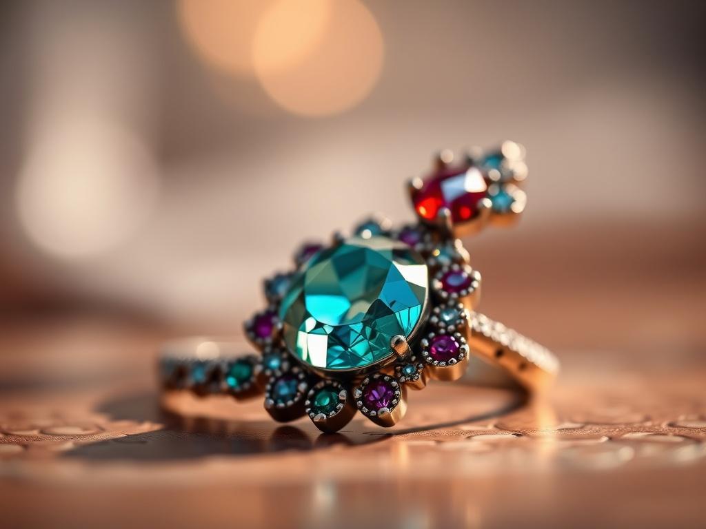 A close-up shot of a beautifully crafted handmade jewelry piece, showcasing intricate details and vibrant colors, set against a soft, blurred background that enhances its elegance. The lighting should be warm and inviting, highlighting the craftsmanship and artistry involved in the creation of the piece. Shot with a 45mm f/1.2 lens for a hyper-realistic effect.