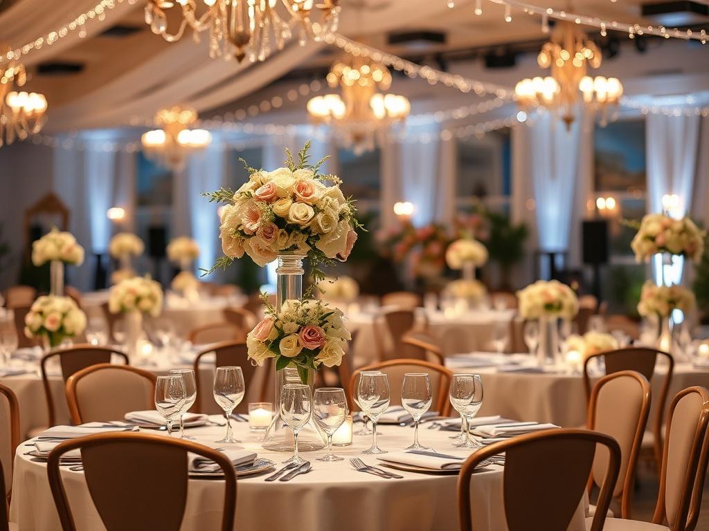 A beautifully decorated event space with elegant table settings and
