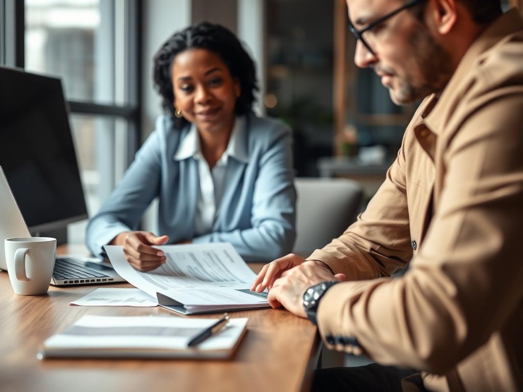 A close-up shot of a professional consultant working with a client in a modern office setting. The consultant, a middle-aged woman of African descent, is explaining a business plan on a laptop. The background features a clean desk with a notebook and a cup of coffee, conveying a productive and collaborative atmosphere.