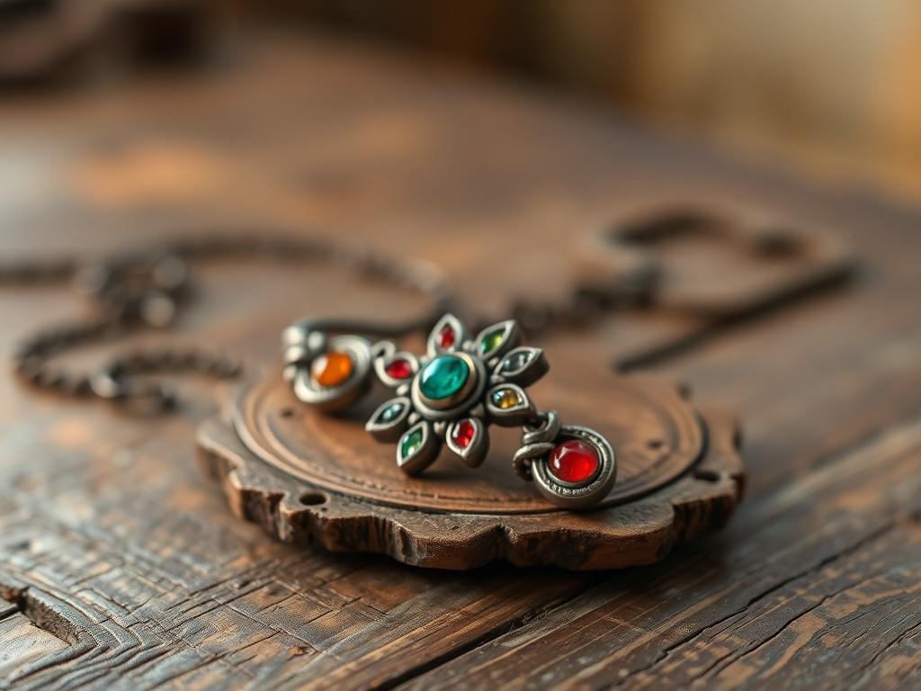 A close-up shot of a unique piece of handmade jewelry displayed on a rustic wooden table. The jewelry features intricate designs with colorful gemstones. The background is softly blurred, highlighting the craftsmanship and artistic nature of the product, inviting appreciation from potential buyers.