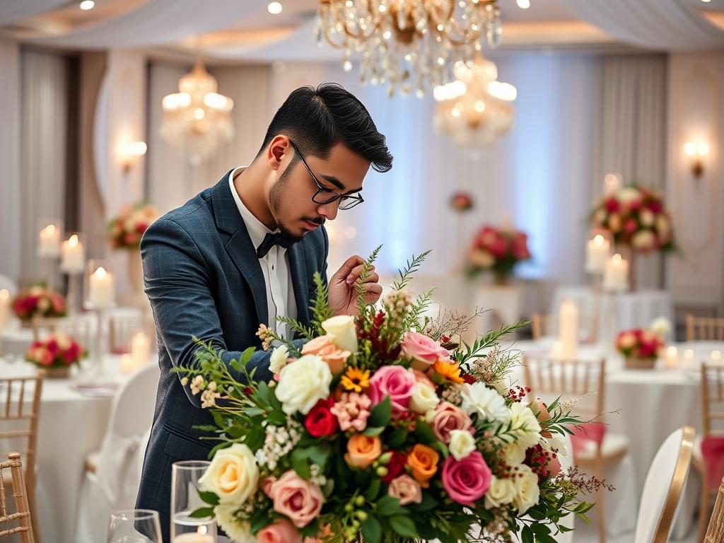 A close-up shot of an event planner organizing a beautifully decorated wedding venue. The planner, a young man of Hispanic descent, is adjusting floral arrangements on a table. The background shows elegant table settings with candles and flowers, emphasizing the attention to detail and creativity in event planning.
