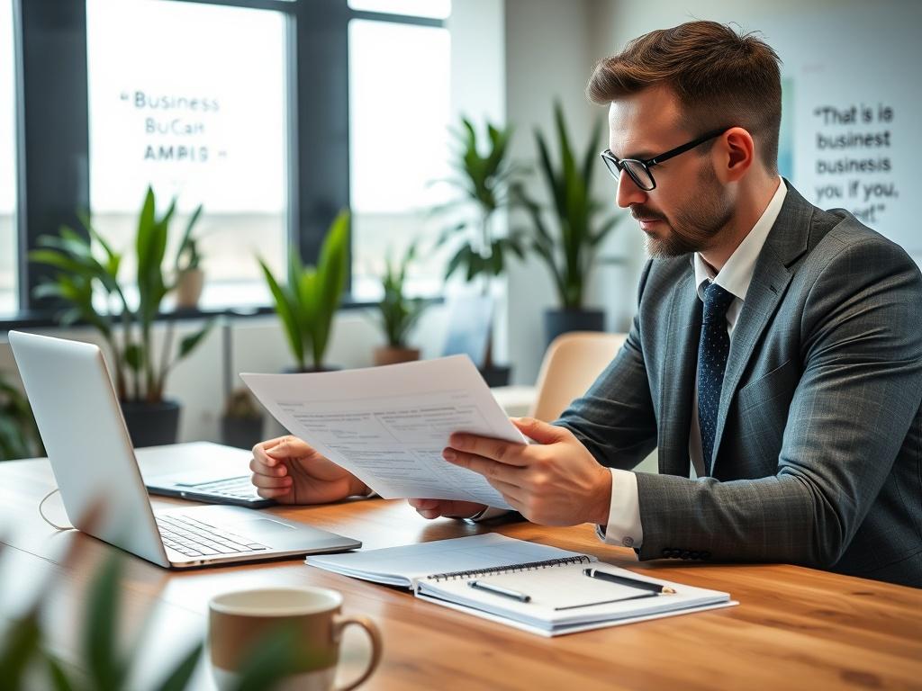 A close-up shot of a business consultant working with a client in a modern office. The consultant is reviewing a business plan on a laptop, with a notepad and coffee cup on the table. The background shows a bright, professional workspace with plants and motivational quotes on the walls.