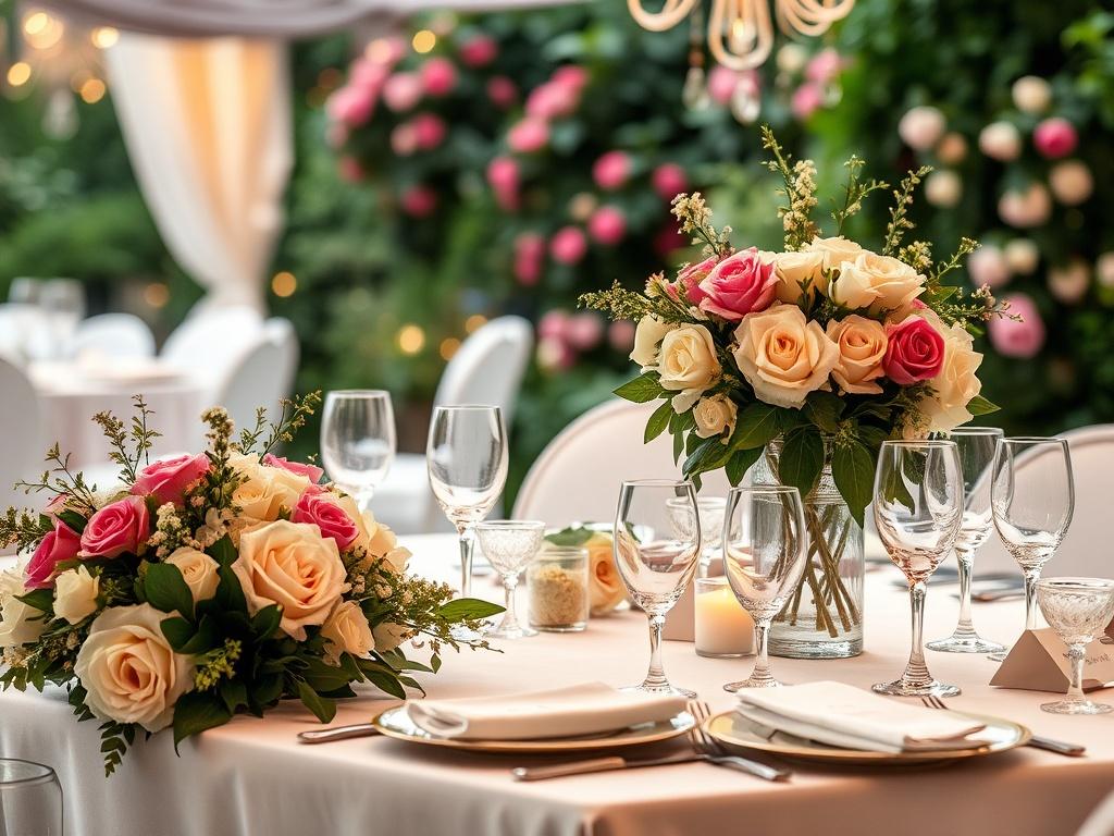 A beautifully arranged table setup for a wedding event, featuring elegant floral decorations and soft lighting. The table is set with fine china, crystal glassware, and personalized place cards. The background displays a lush garden setting, evoking a romantic atmosphere.