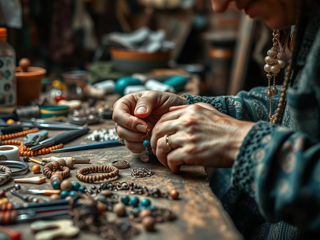 A close-up shot of an artisan at work, carefully crafting a piece of handmade jewelry. The workspace is cluttered with tools, beads, and materials, showcasing the intricate process of creating unique pieces. The background is slightly blurred, focusing on the artisan's hands.