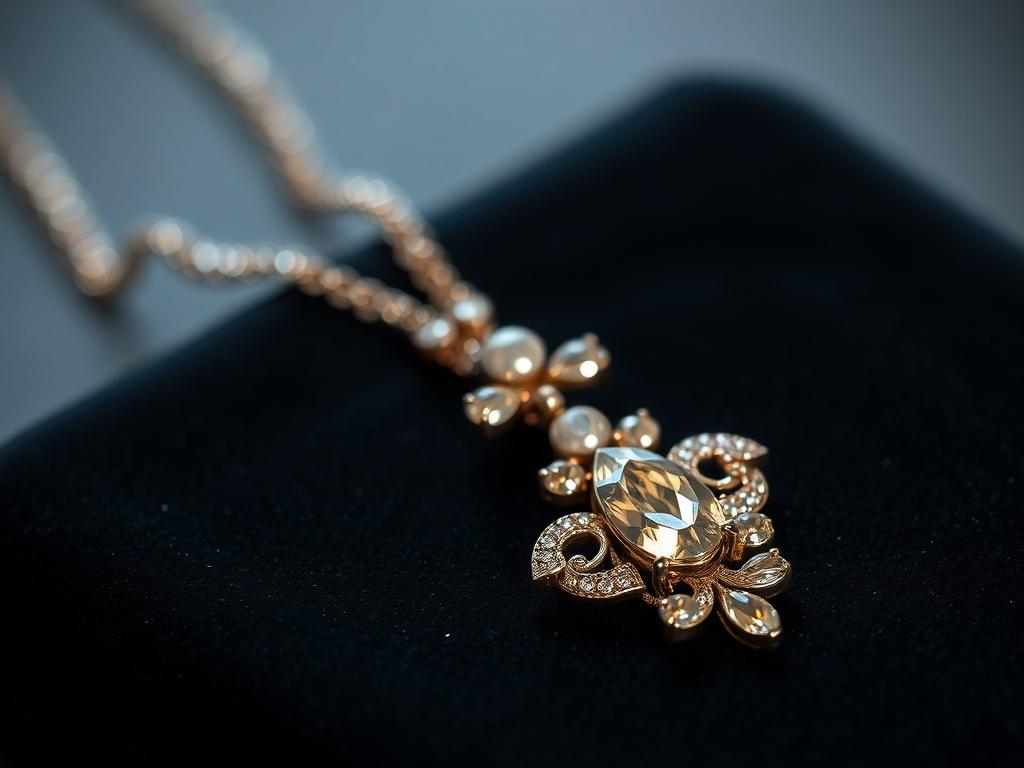 A close-up shot of a stunning piece of handmade jewelry displayed elegantly on a dark velvet cloth. The jewelry sparkles under soft lighting, highlighting its intricate design and craftsmanship, inviting the viewer to appreciate its beauty and uniqueness.