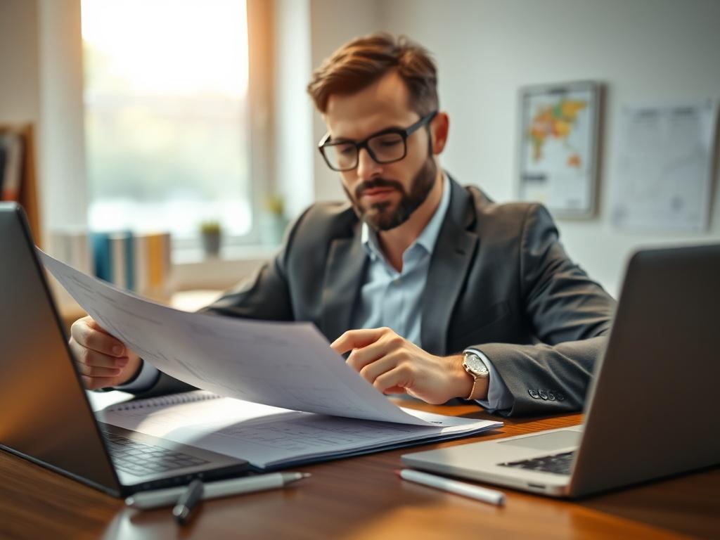 A close-up shot of a confident entrepreneur reviewing a business plan at a wooden desk, with a warm light illuminating the scene. The background is softly blurred, highlighting a few business books and a laptop, conveying a professional yet inviting atmosphere.