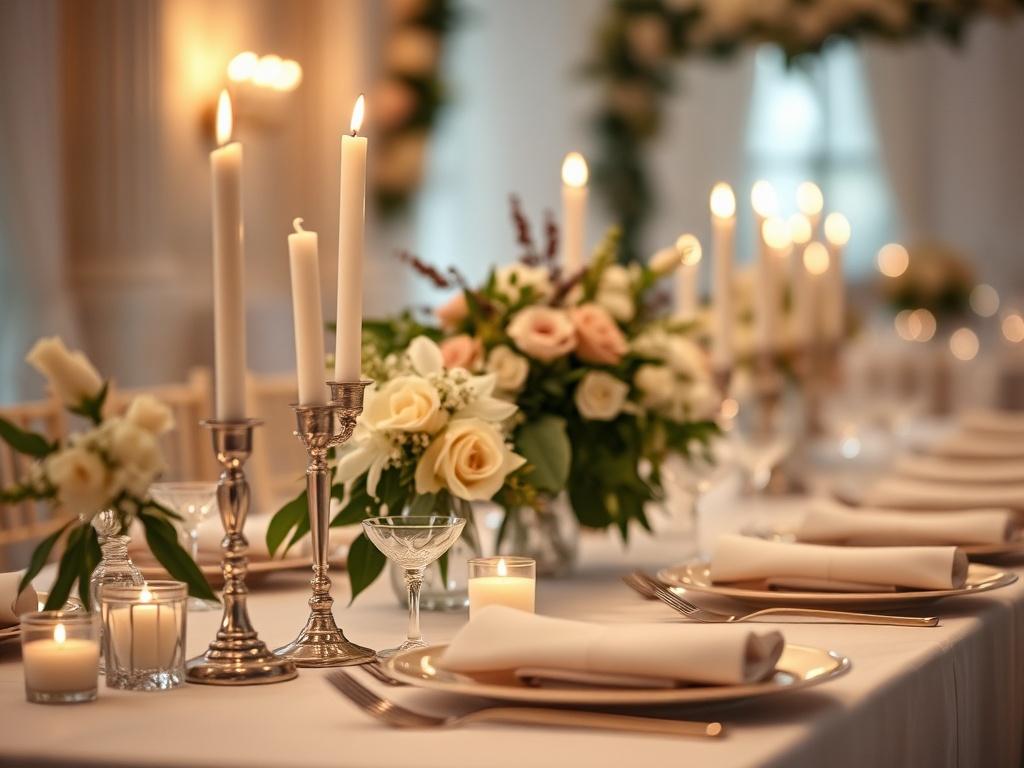 A close-up shot of a beautifully decorated wedding table setting, complete with elegant floral arrangements, soft candlelight, and delicate tableware. The background is softly blurred to accentuate the table's details, creating an atmosphere of romance and celebration.
