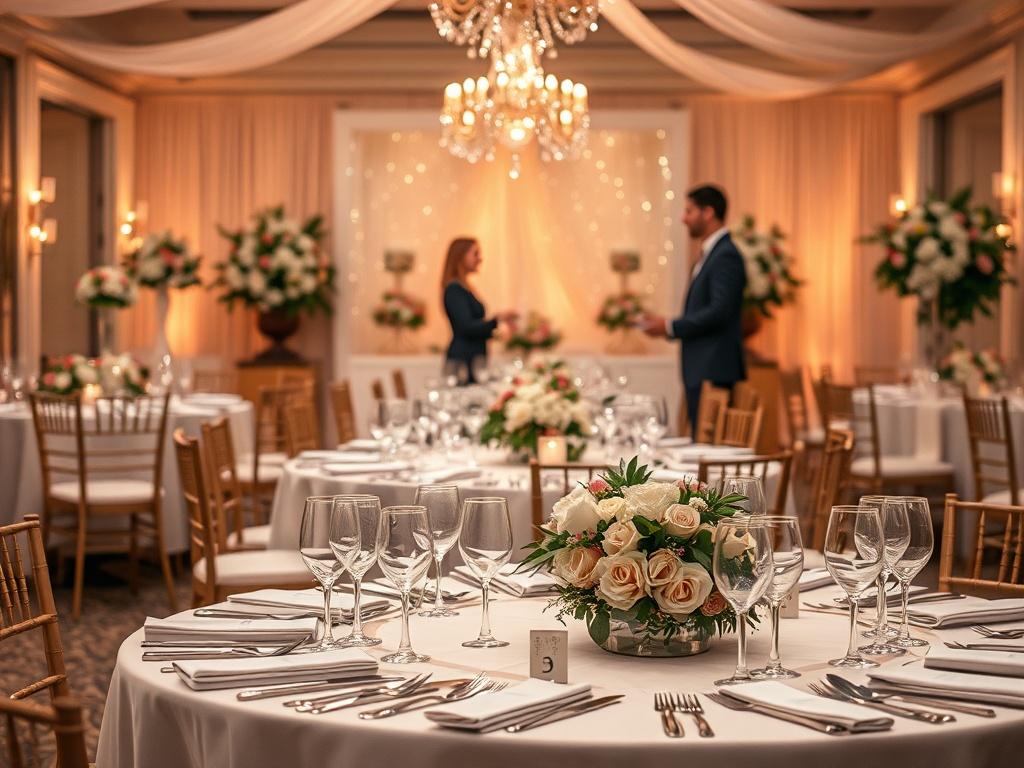 A realistic, high-resolution image representing an elegant event setup. The scene captures a beautifully decorated event space with tables elegantly set for a wedding reception. Soft lighting enhances the romantic ambiance, and floral arrangements add a touch of color. A planner is visible in the background, discussing details with a couple, showcasing the collaborative spirit of event planning.
