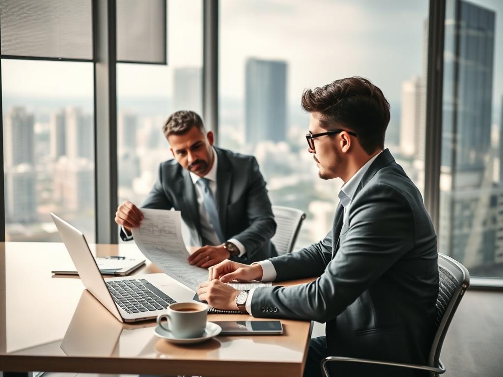 A realistic, high-resolution image showcasing a professional setting with a consultant working with a client. The scene includes a modern office desk with a laptop, notebooks, and a coffee cup. The consultant, a person of diverse background, is pointing to a business plan on the laptop while the client, a young entrepreneur, looks engaged. The background features a city view through a large window, creating a vibrant atmosphere.
