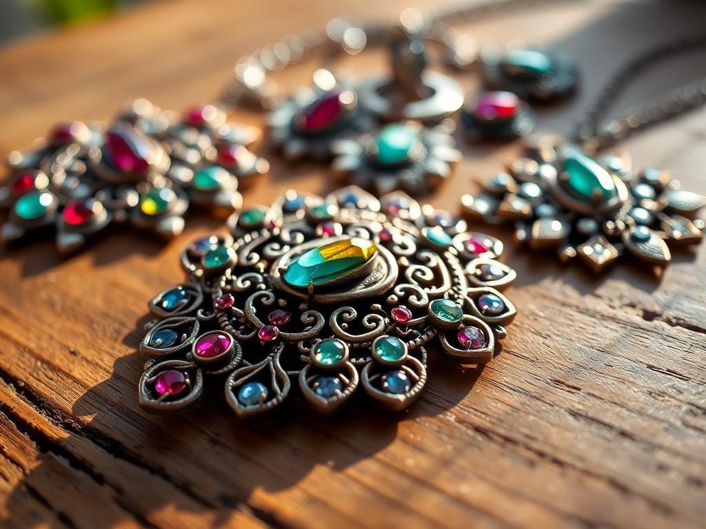 A close-up shot of a stunning piece of handmade jewelry displayed on a wooden surface. The piece features intricate designs with colorful gemstones and elegant metalwork. Natural lighting highlights the details, emphasizing the craftsmanship. A few other pieces are subtly blurred in the background, giving a sense of variety and choice. This image conveys the uniqueness and quality of the jewelry offered.