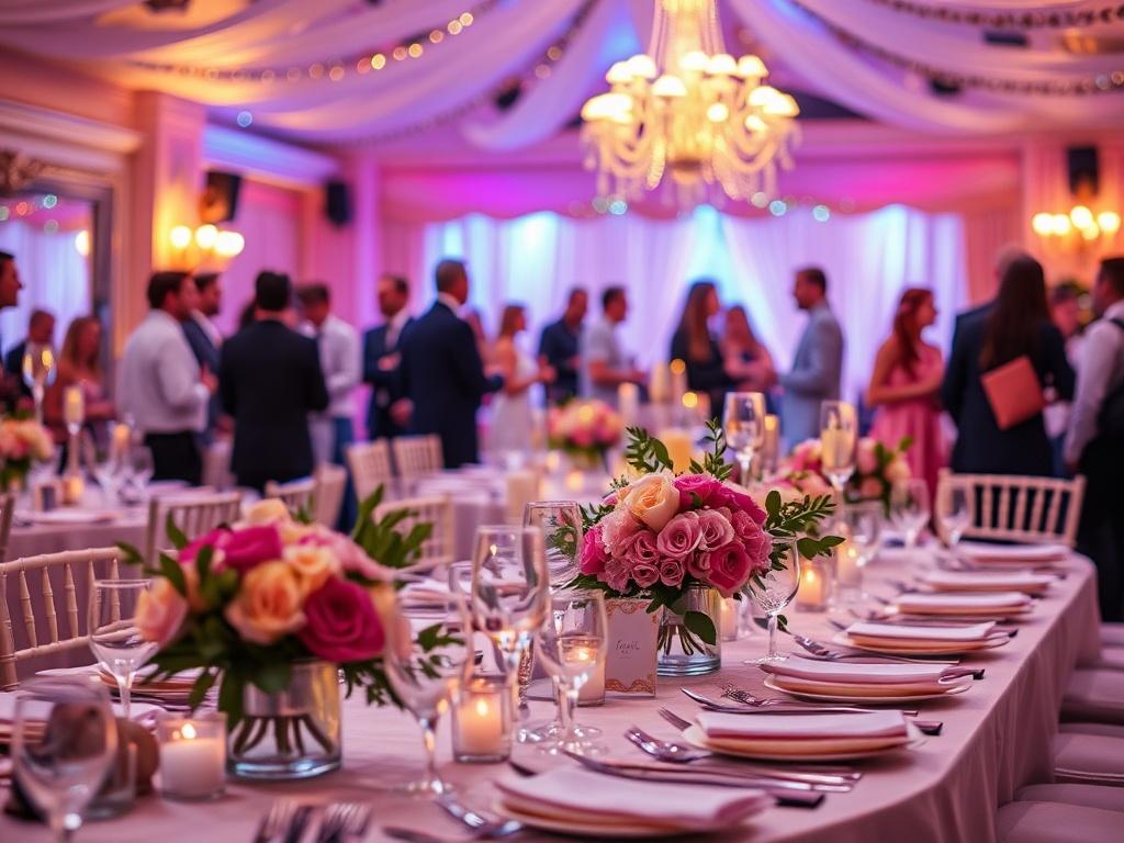 A vibrant scene of a beautifully decorated event space, featuring elegant table settings and floral arrangements. The image captures the warm ambiance of the occasion, with soft lighting and cheerful guests mingling in the background, creating a festive atmosphere.