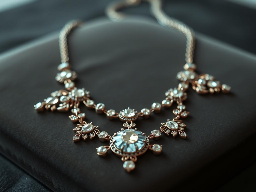 A close-up shot of an exquisite handmade necklace displayed elegantly on a velvet background. The necklace features intricate designs and sparkling gemstones, showcasing the craftsmanship and artistry involved. Soft lighting enhances the beauty of the jewelry, inviting admiration.