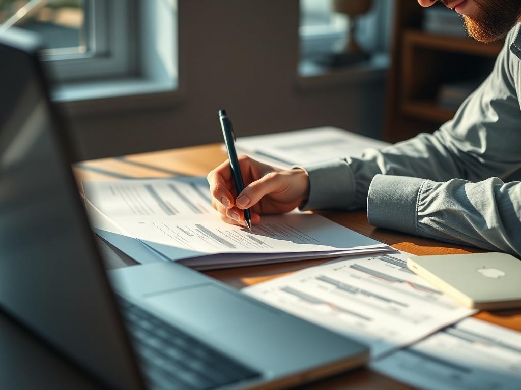 A focused shot of an entrepreneur reviewing a business plan with a pen in hand, surrounded by notes and a laptop, on a wooden desk. The background features soft natural light coming through a window, creating an inviting and inspiring workspace atmosphere.