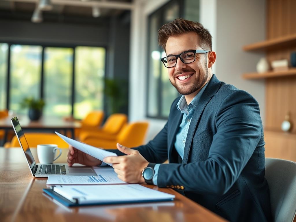A close-up shot of a confident entrepreneur reviewing a business plan at a stylish desk. The setting is bright and inviting, showcasing a laptop, notes, and a cup of coffee. The entrepreneur appears focused and determined, with a warm smile, embodying the spirit of success. The background is softly blurred to emphasize the subject, using natural light to enhance the scene.