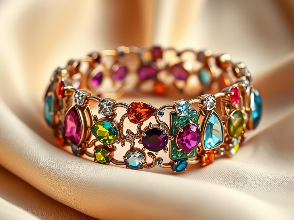 A close-up shot of a stunning gemstone bracelet displayed elegantly on a soft fabric background. The bracelet sparkles with vibrant colors, showcasing its craftsmanship and beauty. The image highlights the intricate details of the stones and design, inviting viewers to appreciate the artistry behind the piece.