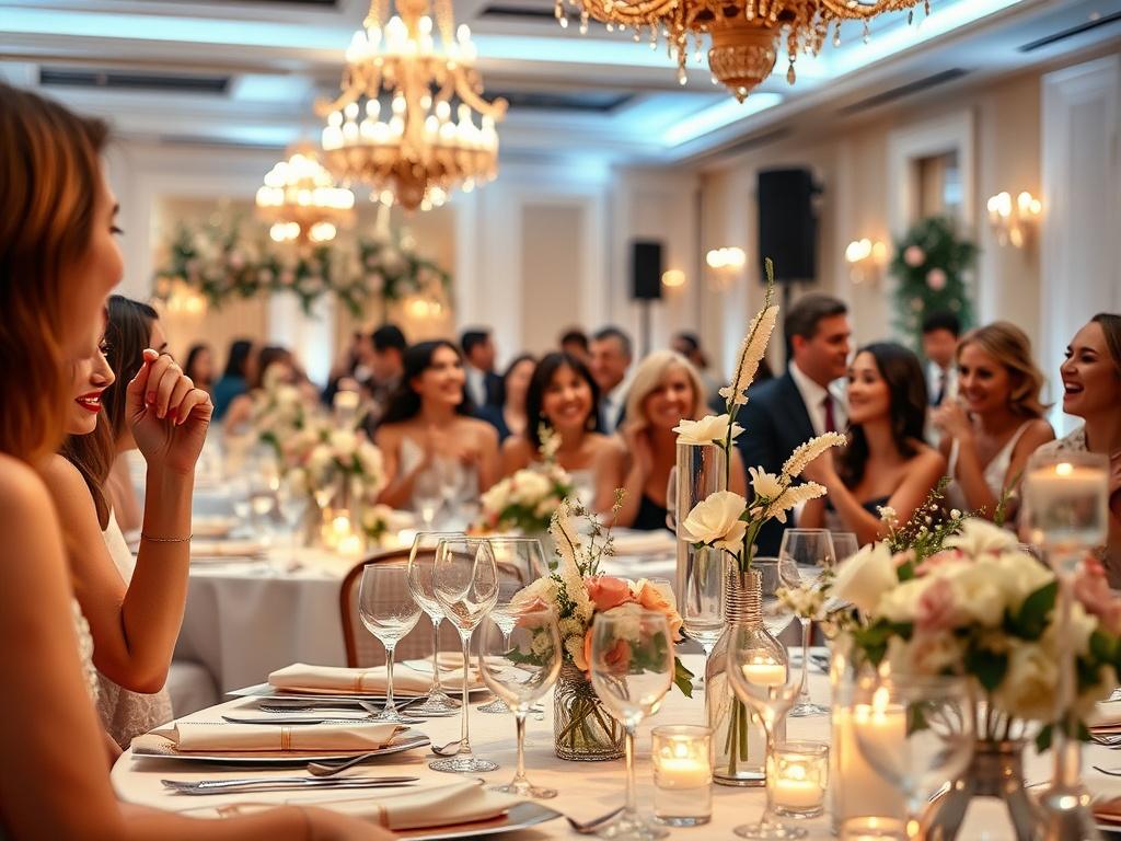 A beautifully decorated event space featuring elegant table settings and floral arrangements. The atmosphere is warm and inviting, filled with soft lighting and joyful guests. The image captures a moment of celebration, with laughter and happiness evident, showcasing the magic of a perfectly planned event.