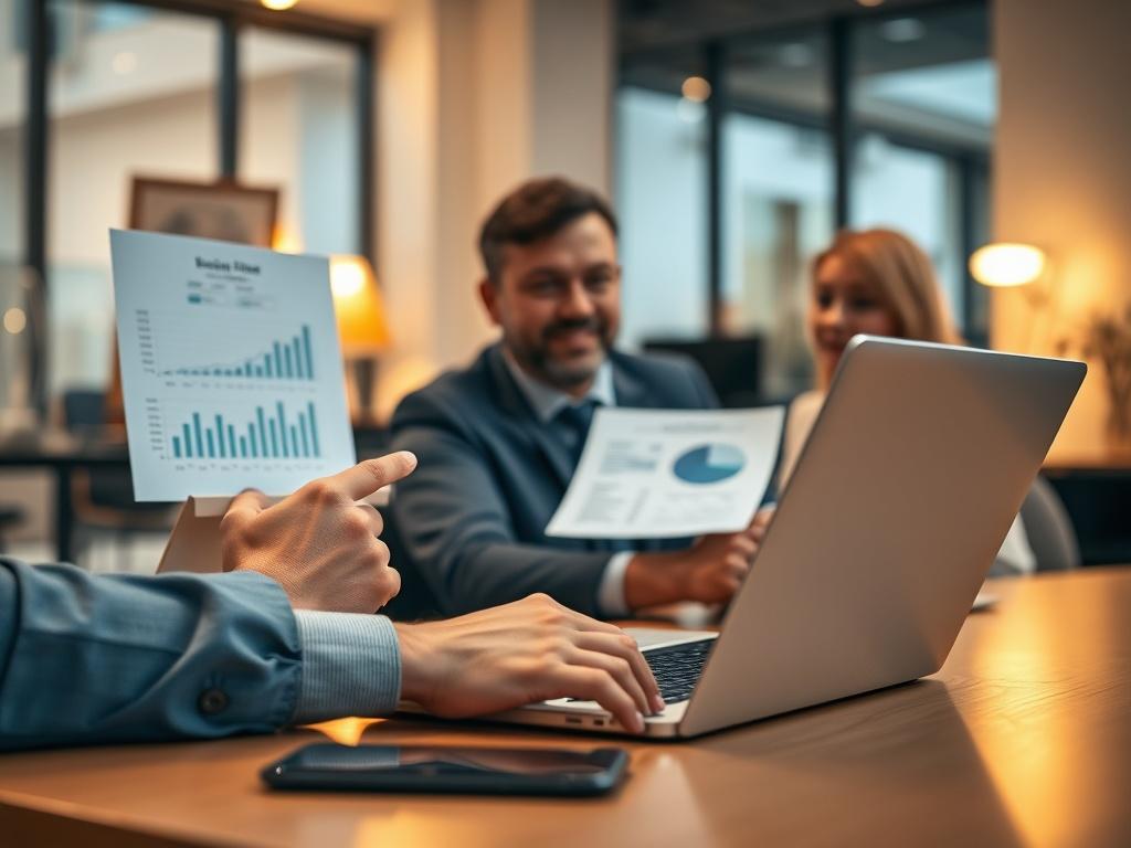 A close-up shot of a business consultant working with a client on a laptop, displaying charts and business plans. The setting is a modern office with warm lighting and a professional atmosphere. The focus is on the interaction between the consultant and the client, capturing an engaging moment of collaboration.