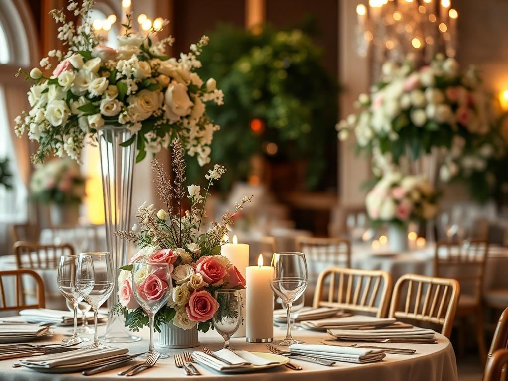 A close-up of an elegantly decorated event space, showcasing beautiful floral arrangements and table settings for a wedding. The background features soft lighting and a cozy atmosphere. The focus should be on the intricate details of the decor, highlighting the beauty and charm of the event.
