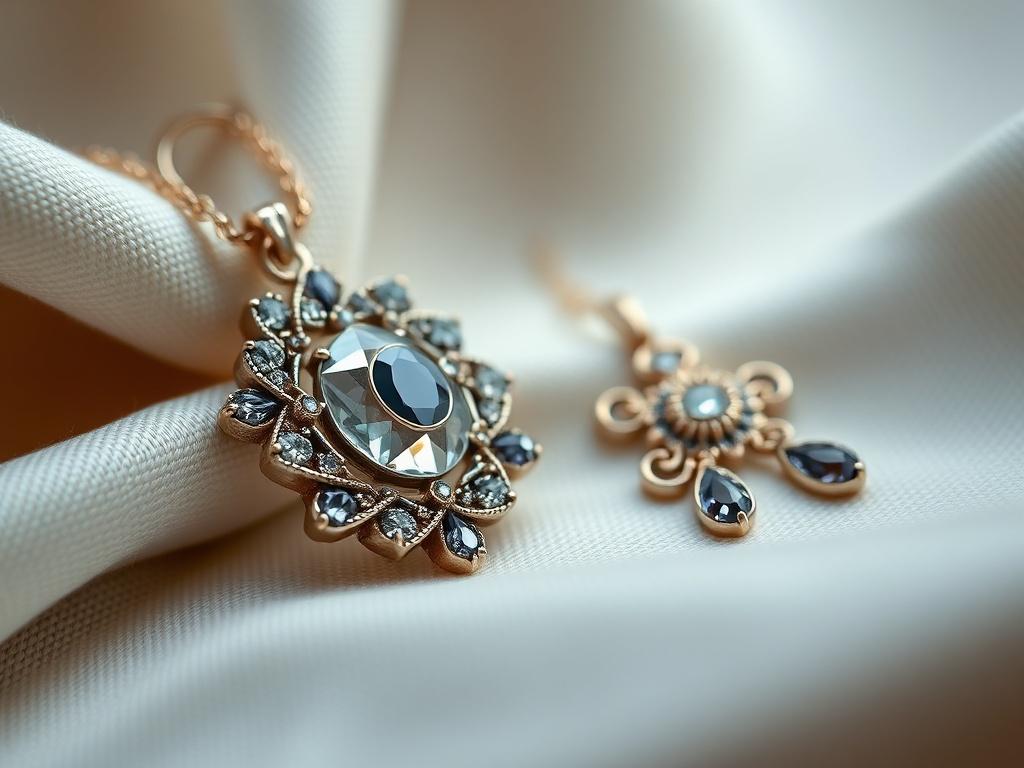 A close-up shot of a beautifully crafted piece of handmade jewelry displayed on a soft fabric background. The focus should be on the intricate details of the jewelry, highlighting its unique design and craftsmanship. The lighting should enhance the allure of the piece.