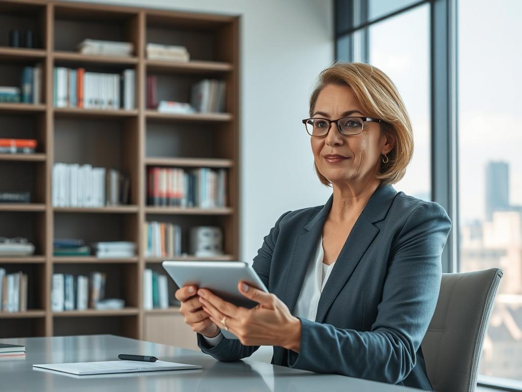 **Prompt for AI Image Generation:**

Create a highly realistic, high-resolution photo that visually represents the concept of “The Art of the Possible: Rethinking Pharmacare.” Focus on a thoughtfully posed individual, a middle-aged woman, who embodies the role of a strategic consultant in the pharmaceutical field. She should be seated at a modern, minimalist desk in a well-lit office environment, conveying a sense of professionalism and contemplative thought. 

The background should display sleek shelves fi