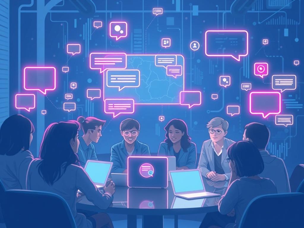 A high-resolution image showcasing a lively online community atmosphere. The background should feature glitch effects and soft grays, with neon accents. Highlight elements like chat bubbles, network connections, and digital avatars to represent community engagement. The composition should be inviting and dynamic, drawing focus to the sense of connection among community members.