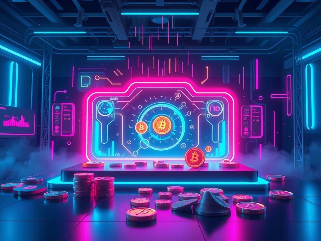 A vibrant, high-resolution image featuring a neon-themed minting platform. The background should have glitch effects in rich blues and soft grays, with a focus on neon colors. Include elements that represent the excitement of coin creation, such as digital coins, animated graphics, or community engagement visuals. The composition should be dynamic yet clear, focusing on the minting process.