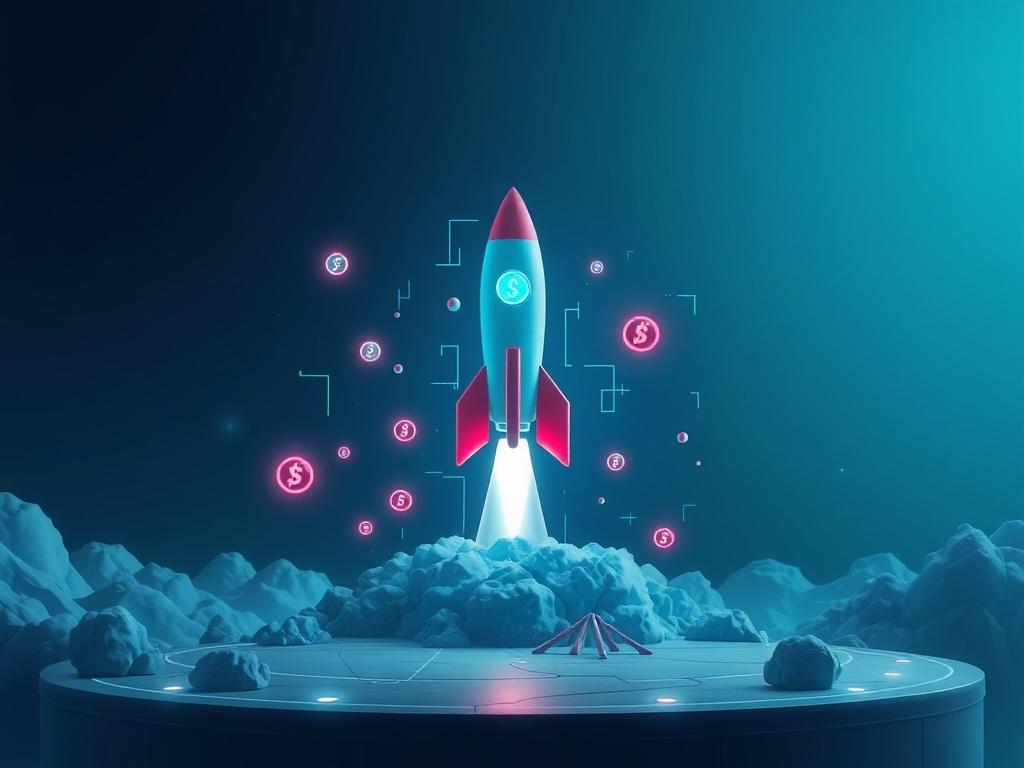 A high-resolution image of a launch platform for a digital coin. The background should incorporate glitch aesthetics with neon elements, capturing the excitement of a coin launch. Include visuals like rockets, digital coins, and engaging graphics that symbolize the launch process. The composition should be inspiring and focus on the ambition behind launching a new project.