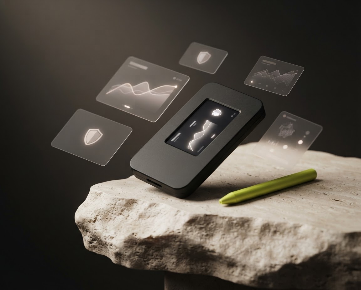 Sculptural black hardware wallet with a subtle portfolio interface