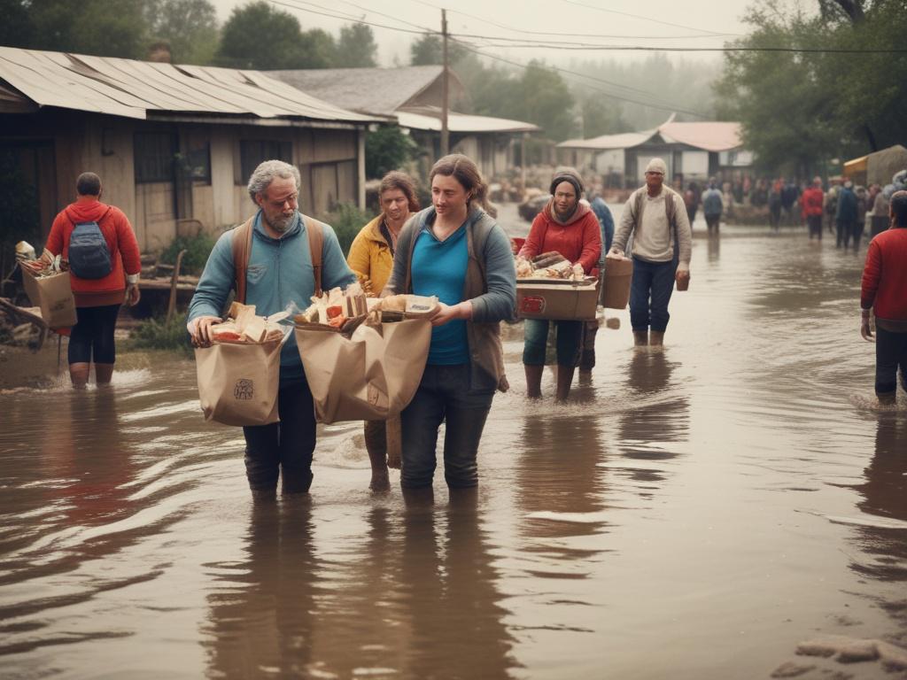 Volunteers distributing food and supplies in a flood affected area,