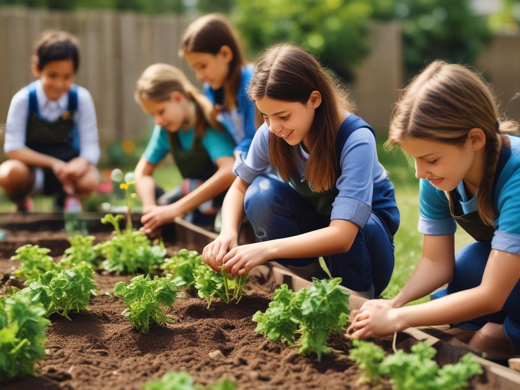 A vibrant school garden with students planting vegetables, bright colors,