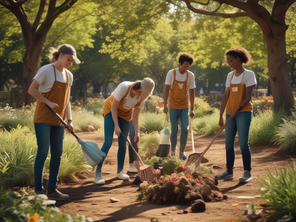 A group of diverse volunteers cleaning a park, collecting trash