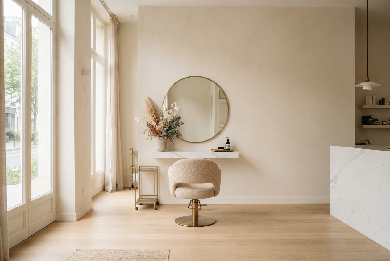 Bright, airy minimalist salon interior with warm ivory walls and soft daylight