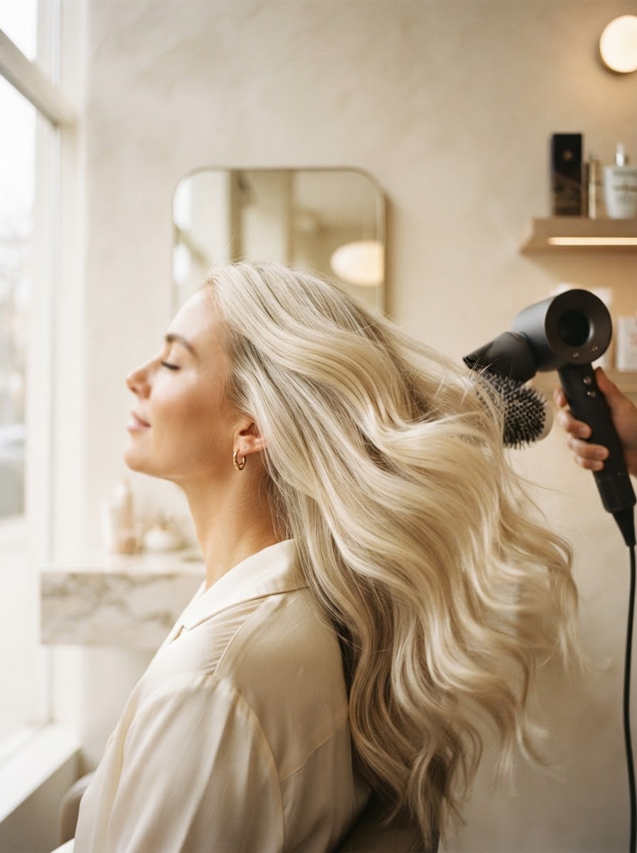 Platinum blonde hair mid-blowout with soft movement against an ivory backdrop