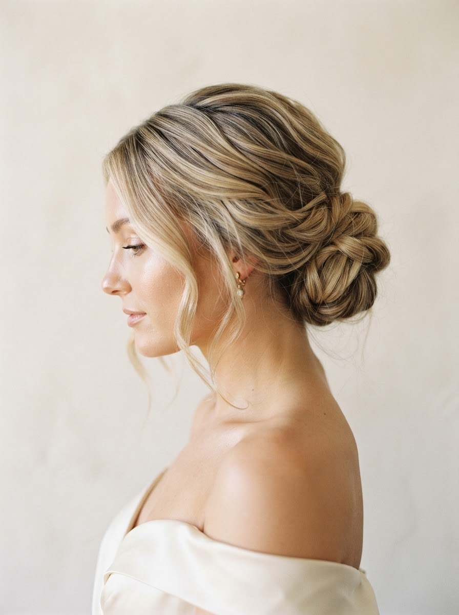 Dimensional blonde balayage styled in a soft low chignon