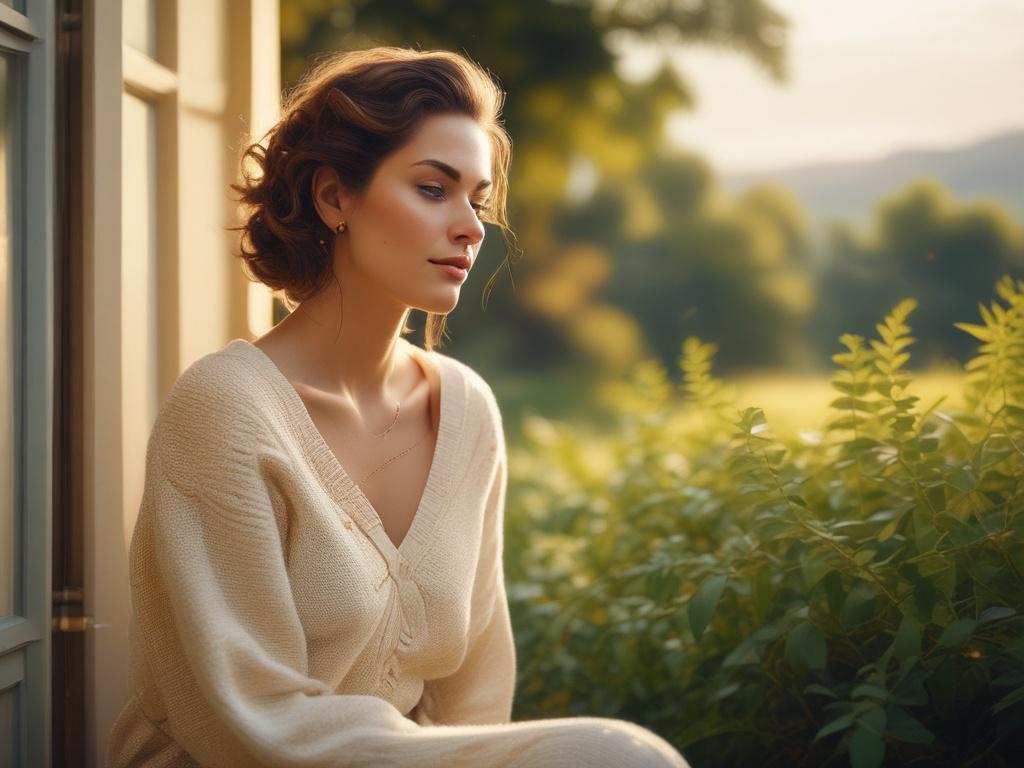 A serene beauty scene featuring a woman with flawless skin,