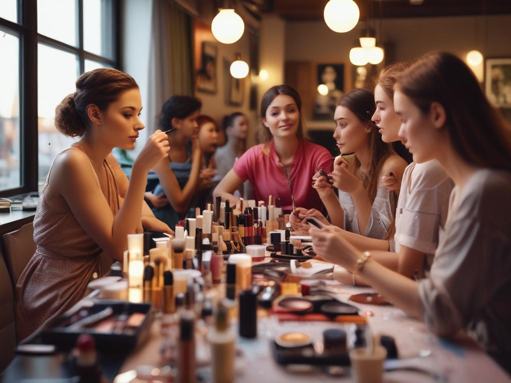 A vibrant makeup workshop scene with participants applying makeup, surrounded