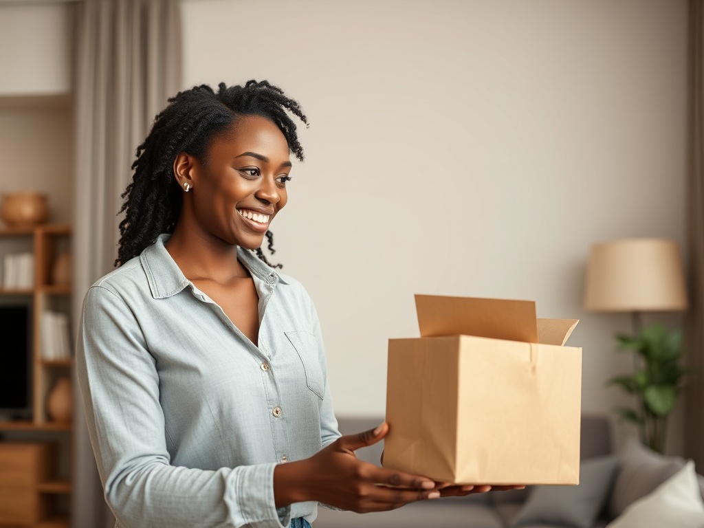 Black professional woman receiving time-saving errand delivery service at home