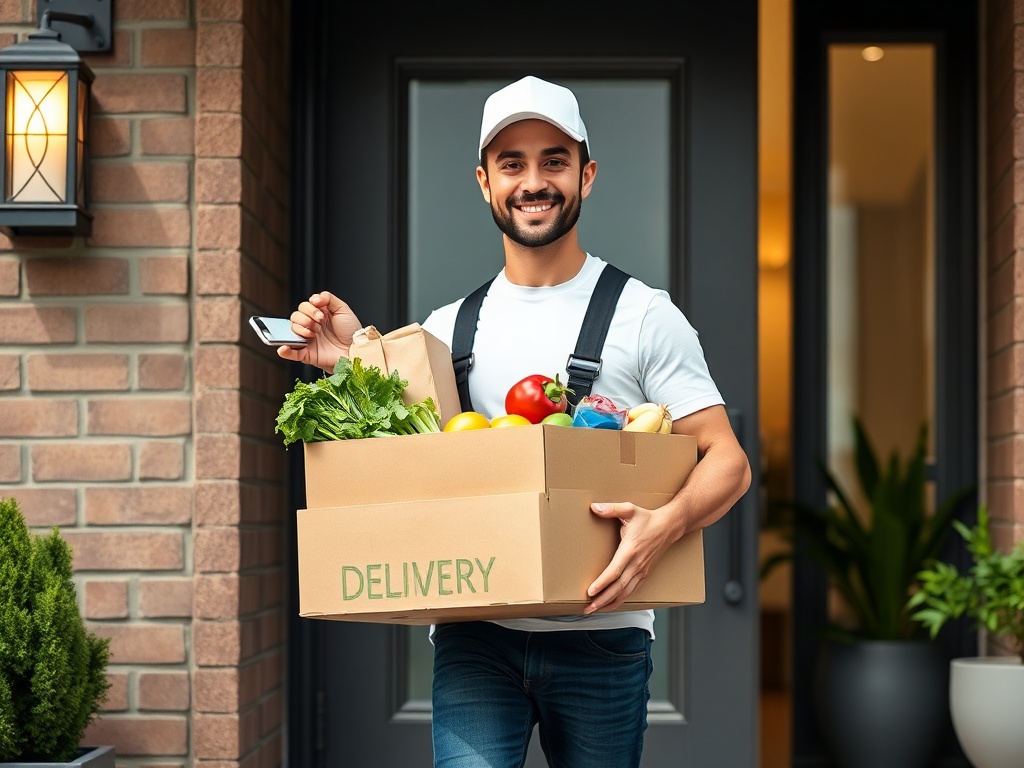 White male delivery driver carrying boxes of fresh groceries at customer's doorstep