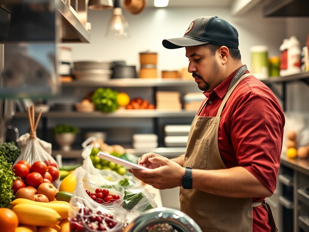 Hispanic restaurant owner reviewing ingredients and supplies in kitchen