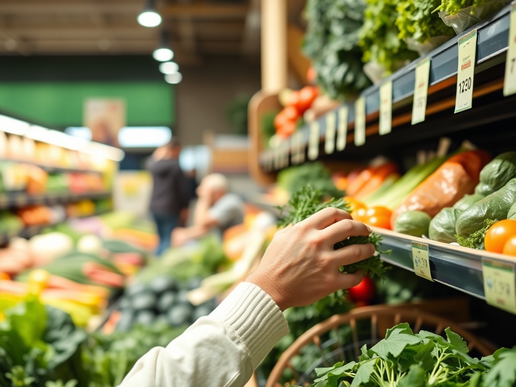 White man carefully selecting fresh organic vegetables at grocery store